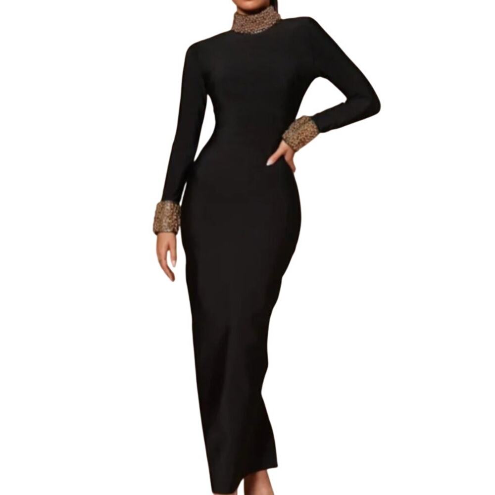 Fashion Nova Luxe Cleo Maxi Dress Women's XL Black Gold Beaded Mock Neck